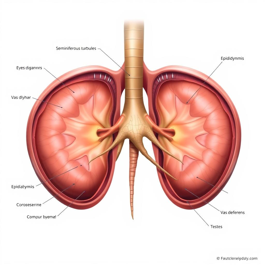 Realistic and detailed anatomical illustration of human testes, showcasing the internal and external features, including seminiferous tubules, epididymis, and vas deferens