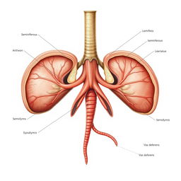 Realistic and detailed anatomical illustration of human testes, showcasing the internal and external features, including seminiferous tubules, epididymis, and vas deferens