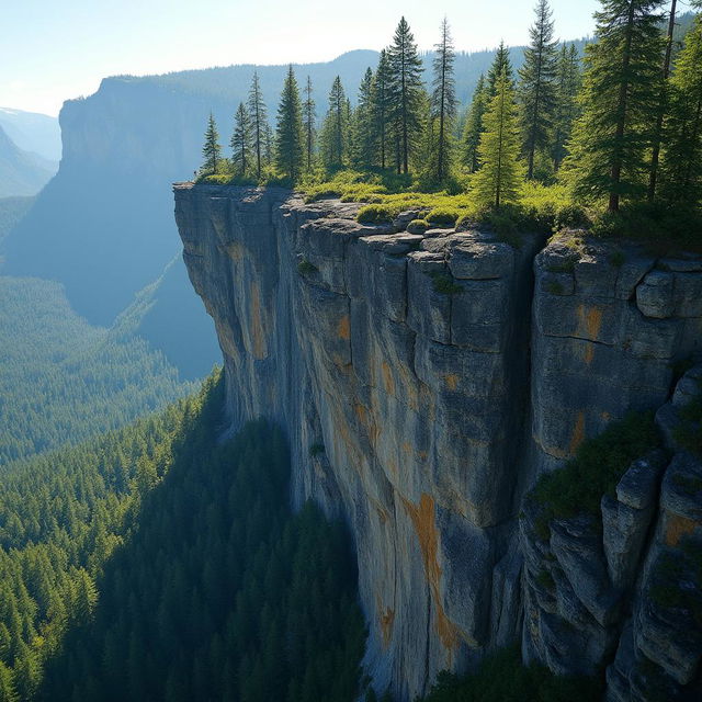 A majestic cliff overlooking a dense evergreen forest, with towering pines and firs in the background