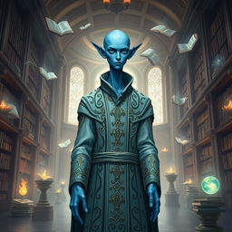 A bald, lawful neutral Vedalken character from a fantastical universe, depicting a tall and slender humanoid with blue skin, elongated fingers, and a contemplative expression