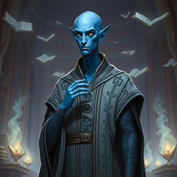 A bald, lawful neutral Vedalken character from a fantastical universe, depicting a tall and slender humanoid with blue skin, elongated fingers, and a contemplative expression