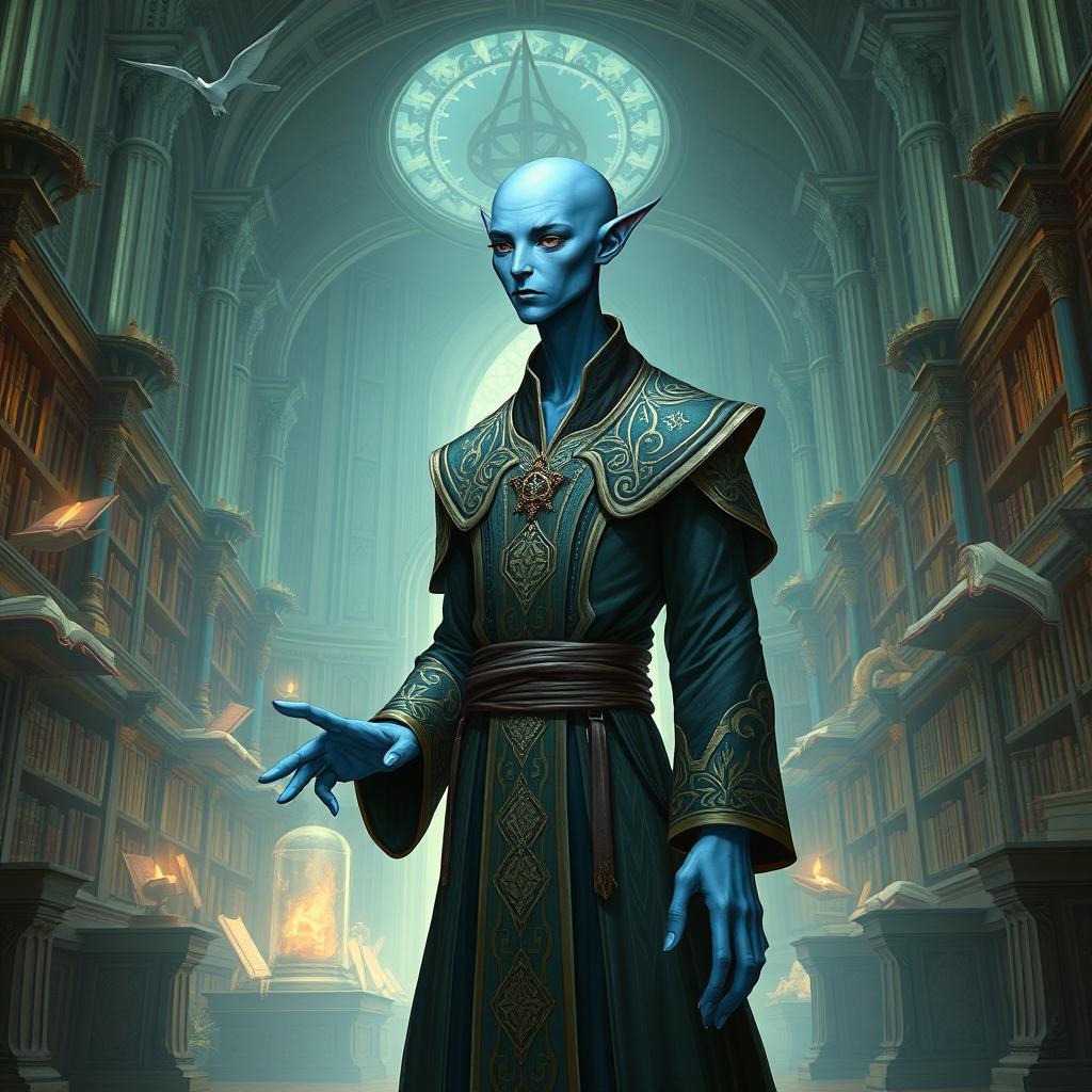 A bald, lawful neutral Vedalken character from a fantastical universe, depicting a tall and slender humanoid with blue skin, elongated fingers, and a contemplative expression