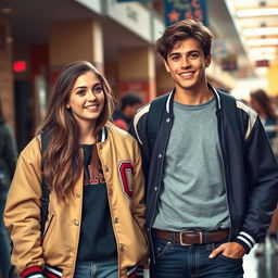 A scene depicting a high school setting with a popular jock heartthrob wearing a classic C letterman jacket