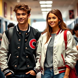 A scene depicting a high school setting with a popular jock heartthrob wearing a classic C letterman jacket