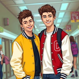 A scene depicting a high school setting with a popular jock heartthrob wearing a classic C letterman jacket