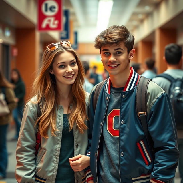 A scene depicting a high school setting with a popular jock heartthrob wearing a classic C letterman jacket