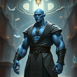 A bald, muscular, lawful neutral Vedalken character from a fantastical universe, depicting a tall and well-built humanoid with blue skin, showing a balance of intellect and strength