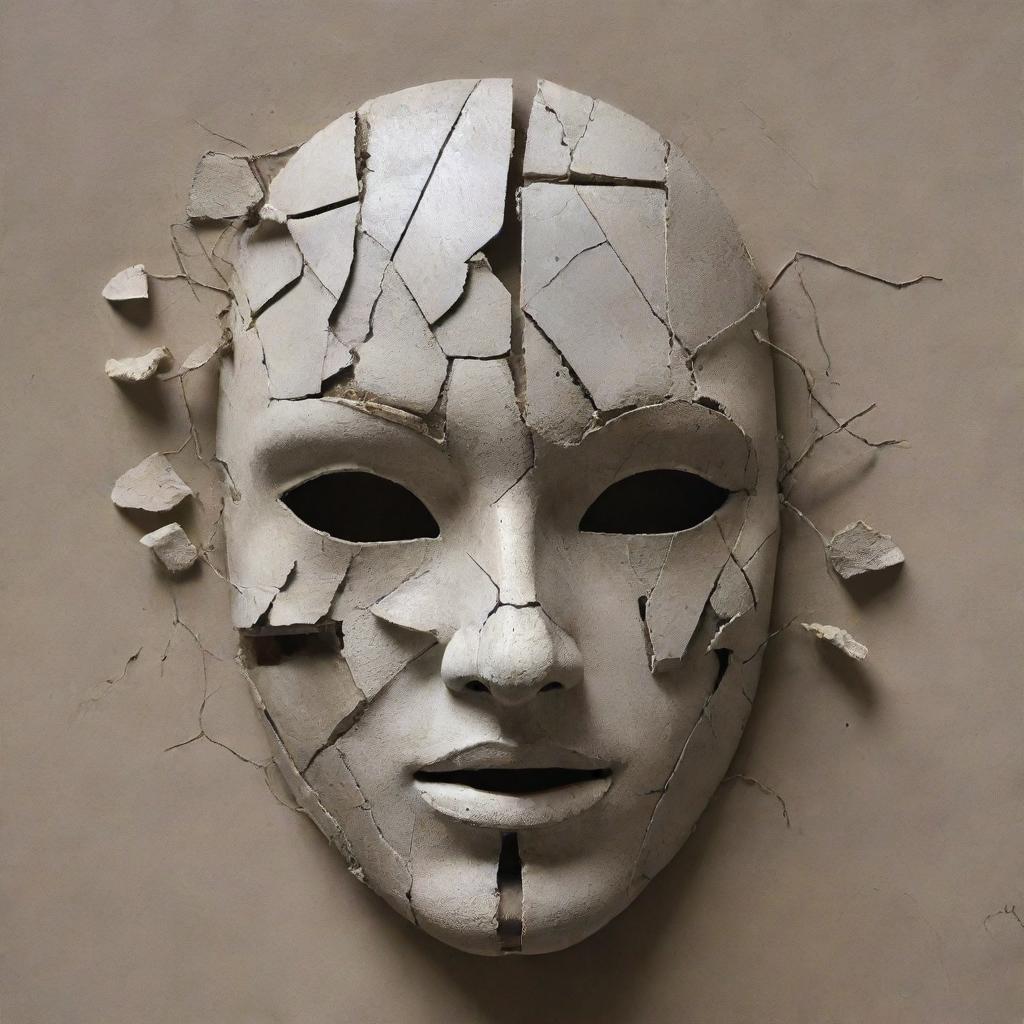 Illustrate an emotionally charged, cracked mask symbolizing the fragility of human facades hiding turmoil within.