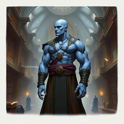 A bald, muscular, lawful neutral Vedalken character from a fantastical universe, depicting a tall and well-built humanoid with blue skin, showing a balance of intellect and strength