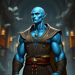 A bald, muscular, lawful neutral Vedalken character from a fantastical universe, depicting a tall and well-built humanoid with blue skin, showing a balance of intellect and strength