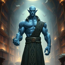 A bald, muscular, lawful neutral Vedalken character from a fantastical universe, depicting a tall and well-built humanoid with blue skin, showing a balance of intellect and strength