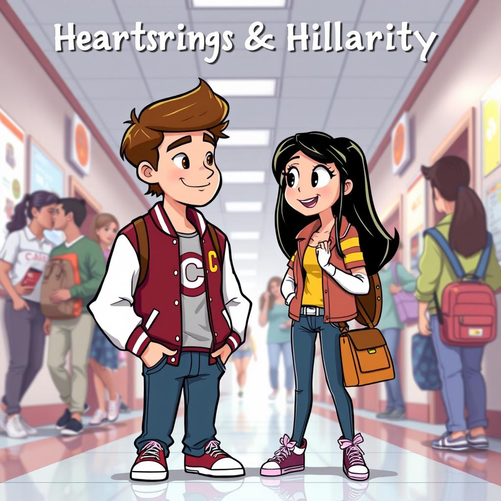 An animated scene from "Heartstrings & Hilarity" at Crestview High School, featuring Jake Carter, the popular jock heartthrob, in his signature C letterman jacket