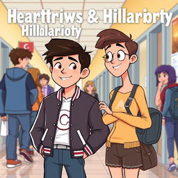 An animated scene from "Heartstrings & Hilarity" at Crestview High School, featuring Jake Carter, the popular jock heartthrob, in his signature C letterman jacket