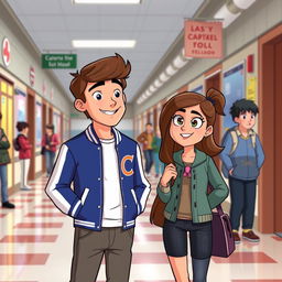 An animated scene from "Heartstrings & Hilarity" at Crestview High School, featuring Jake Carter, the popular jock heartthrob, in his signature C letterman jacket