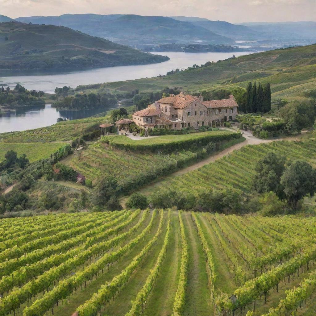 Multiple picturesque wineries spread in various beautiful landscapes, each with unique architectural design, lush vineyards in the foreground and a breathtaking view in the background.