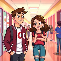 An animated scene from "Heartstrings & Hilarity" at Crestview High School, featuring Jake Carter, the popular jock heartthrob, in his signature C letterman jacket