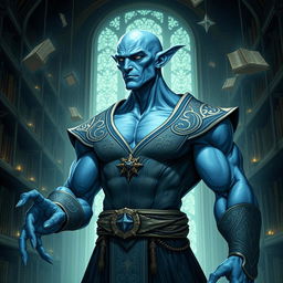 A bald, muscular, lawful neutral Vedalken character from a fantastical universe, depicting a tall and well-built humanoid with blue skin and elongated fingers