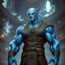 A bald, muscular, lawful neutral Vedalken character from a fantastical universe, depicting a tall and well-built humanoid with blue skin and elongated fingers