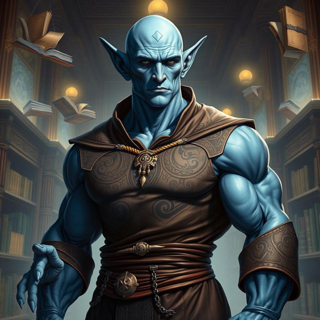 A bald, muscular, lawful neutral Vedalken character from a fantastical universe, depicting a tall and well-built humanoid with blue skin and elongated fingers