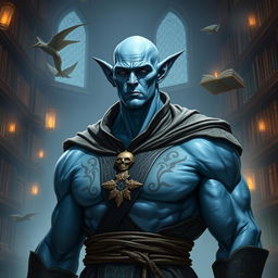 A bald, muscular, lawful neutral Vedalken character from a fantastical universe, depicting a tall and well-built humanoid with blue skin and elongated fingers