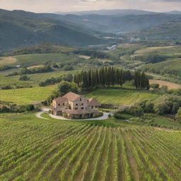 Multiple picturesque wineries spread in various beautiful landscapes, each with unique architectural design, lush vineyards in the foreground and a breathtaking view in the background.