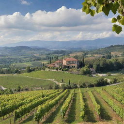 Multiple picturesque wineries spread in various beautiful landscapes, each with unique architectural design, lush vineyards in the foreground and a breathtaking view in the background.