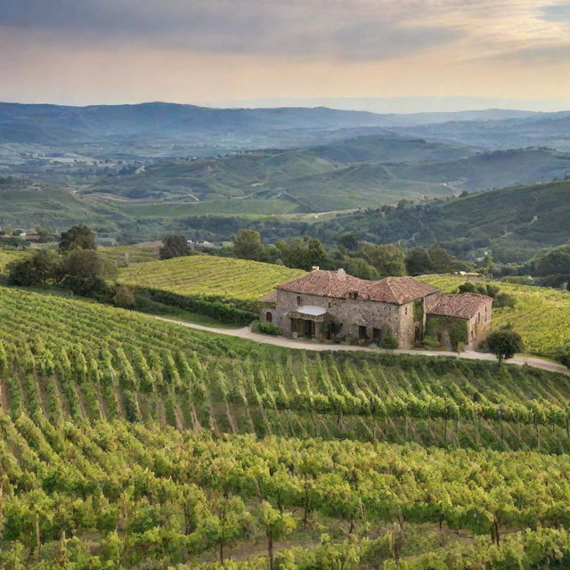 Multiple picturesque wineries spread in various beautiful landscapes, each with unique architectural design, lush vineyards in the foreground and a breathtaking view in the background.