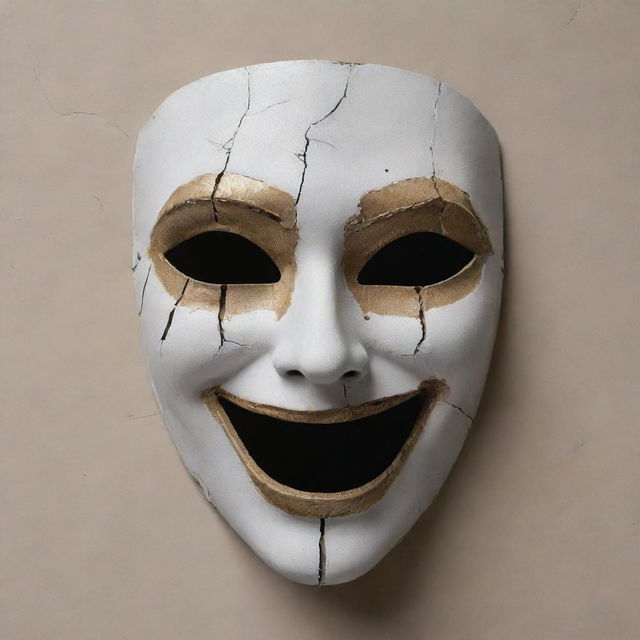 Create a happy mask with visible cracks, exposing the emotional turmoil underneath as a metaphor for the fragile facades people present.