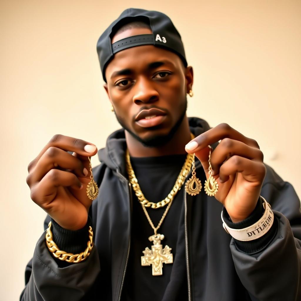 A rapper wearing his hat backwards and a gold chain around his neck