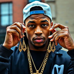 A rapper wearing his hat backwards and a gold chain around his neck