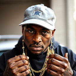 A rapper wearing his hat backwards and a gold chain around his neck