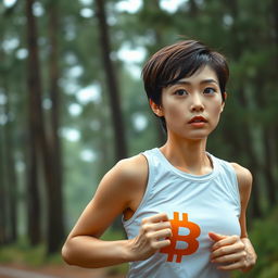 a realistic long shot of a Japanese girl with brown hair, jogging in a pine forest