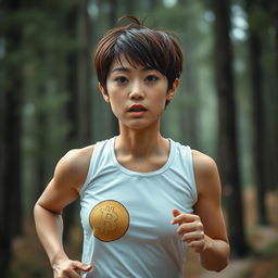 a realistic long shot of a Japanese girl with brown hair, jogging in a pine forest