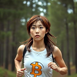 a realistic long shot of a Japanese girl with brown hair, jogging in a pine forest