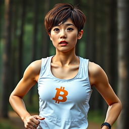 a realistic long shot of a Japanese girl with brown hair, jogging in a pine forest