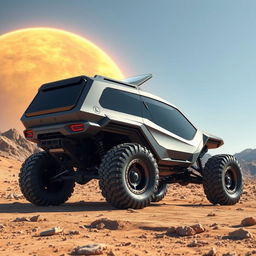 A futuristic off-road vehicle designed to run on thermal energy, constructed from sturdy carbon fiber, capable of navigating rough and rocky terrains with ease