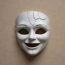 Create a happy mask with visible cracks, exposing the emotional turmoil underneath as a metaphor for the fragile facades people present.