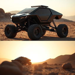 A futuristic off-road vehicle designed to run on thermal energy, constructed from sturdy carbon fiber, capable of navigating rough and rocky terrains with ease