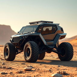 A futuristic off-road vehicle designed to run on thermal energy, constructed from sturdy carbon fiber, capable of navigating rough and rocky terrains with ease