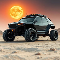 A futuristic off-road vehicle designed to run on thermal energy, constructed from sturdy carbon fiber, capable of navigating rough and rocky terrains with ease