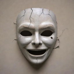 Create a happy mask with visible cracks, exposing the emotional turmoil underneath as a metaphor for the fragile facades people present.