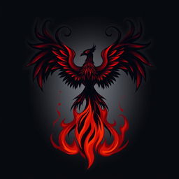 A dark phoenix logo, featuring a stylized mythical bird rising from flames, with intricately detailed feathers that transition from deep crimson at the base to black at the tips