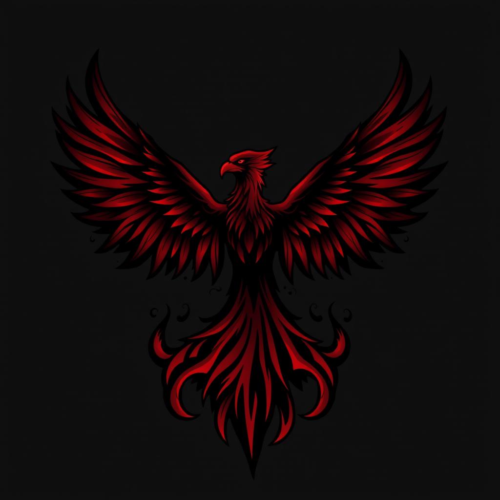 A dark phoenix logo, featuring a stylized mythical bird rising from flames, with intricately detailed feathers that transition from deep crimson at the base to black at the tips