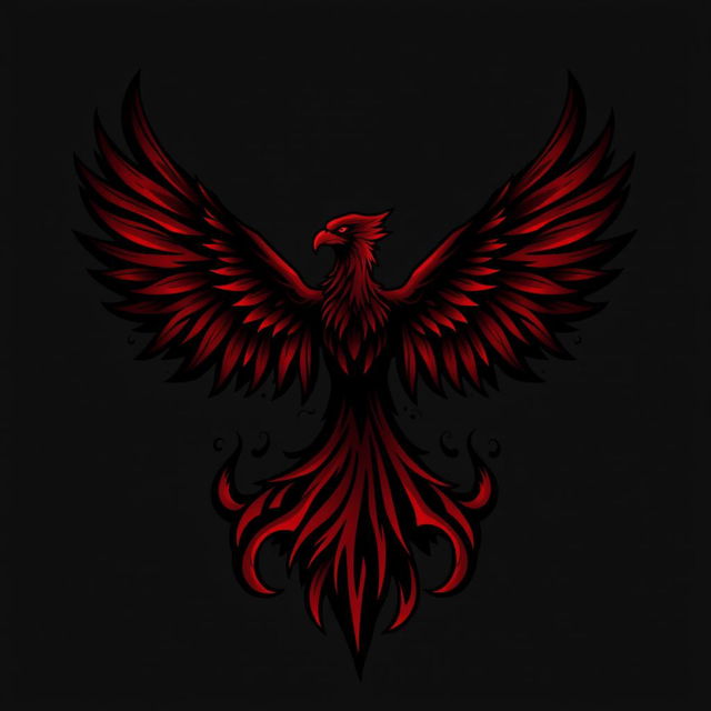A dark phoenix logo, featuring a stylized mythical bird rising from flames, with intricately detailed feathers that transition from deep crimson at the base to black at the tips