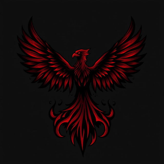 A dark phoenix logo, featuring a stylized mythical bird rising from flames, with intricately detailed feathers that transition from deep crimson at the base to black at the tips