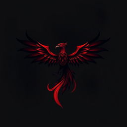 A dark phoenix logo, featuring a stylized mythical bird rising from flames, with intricately detailed feathers that transition from deep crimson at the base to black at the tips