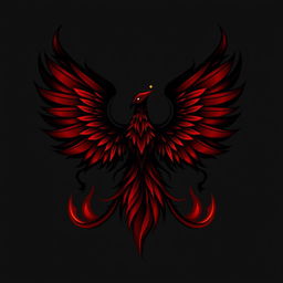 A dark phoenix logo, featuring a stylized mythical bird rising from flames, with intricately detailed feathers that transition from deep crimson at the base to black at the tips