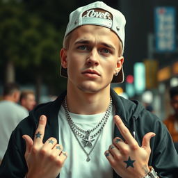 A white male rapper wearing his hat backwards, reminiscent of a blonde Kıvanç Tatlıtuğ