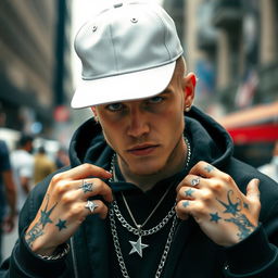 A white male rapper wearing his hat backwards, reminiscent of a blonde Kıvanç Tatlıtuğ