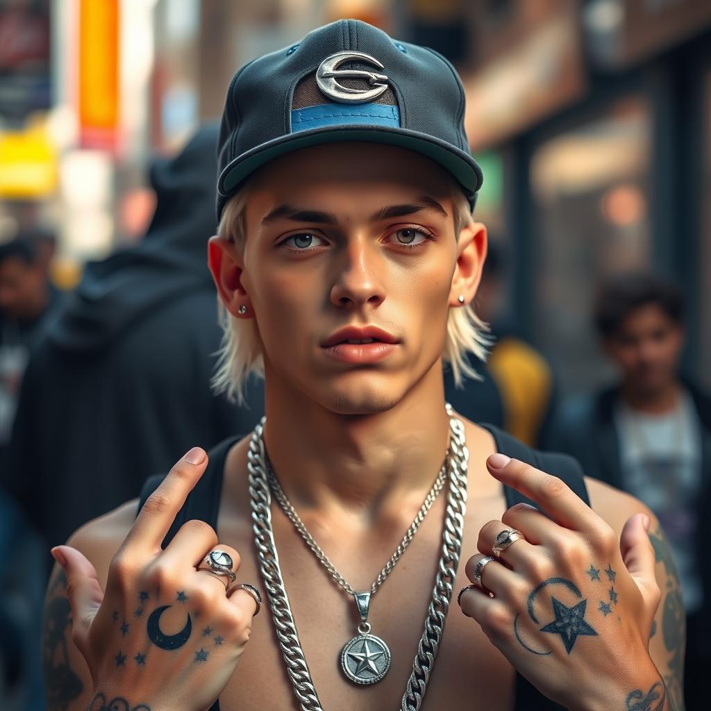 A white male rapper wearing his hat backwards, reminiscent of a blonde Kıvanç Tatlıtuğ